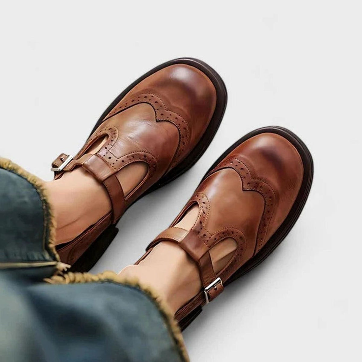 Women's Wingtip Brogue Leather T-Strap Boots - Brown