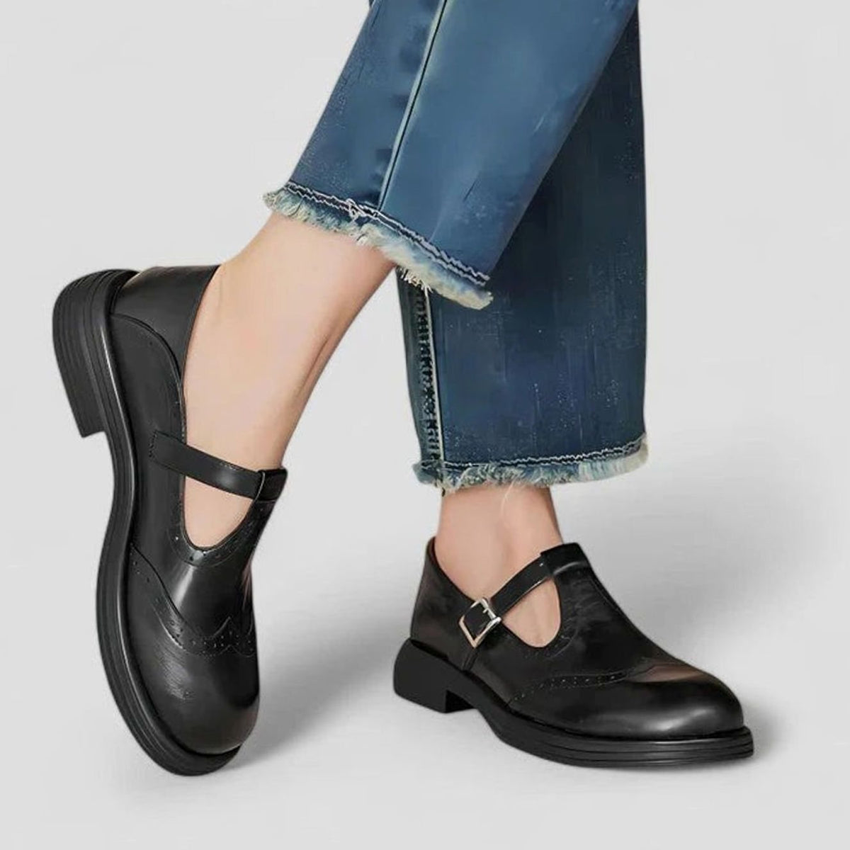 Women's Wingtip Brogue Leather T-Strap Boots