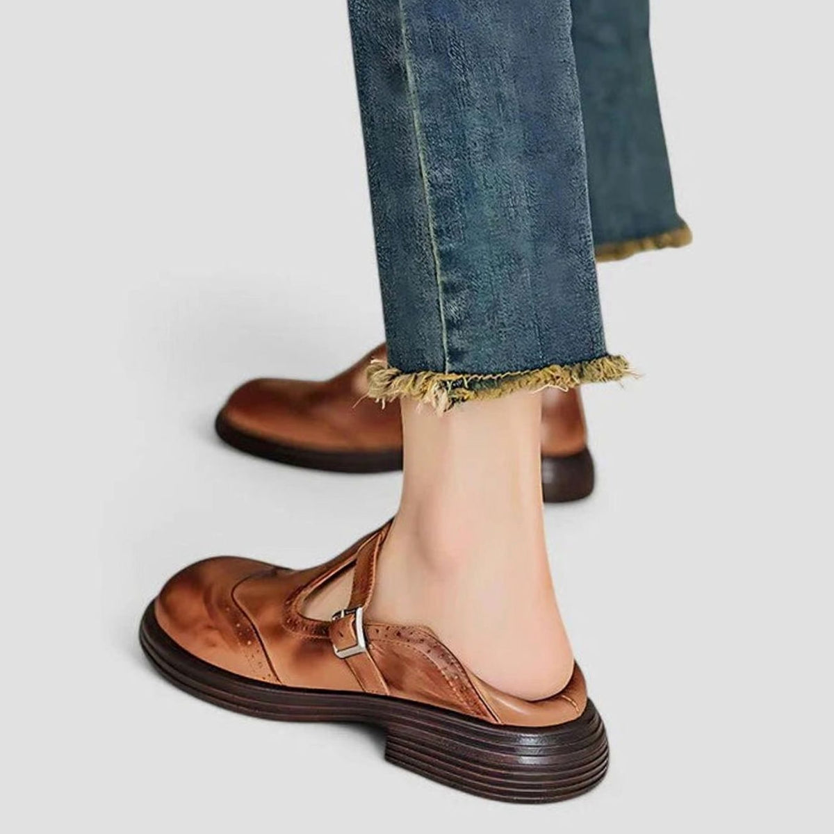 Women's Wingtip Brogue Leather T-Strap Boots
