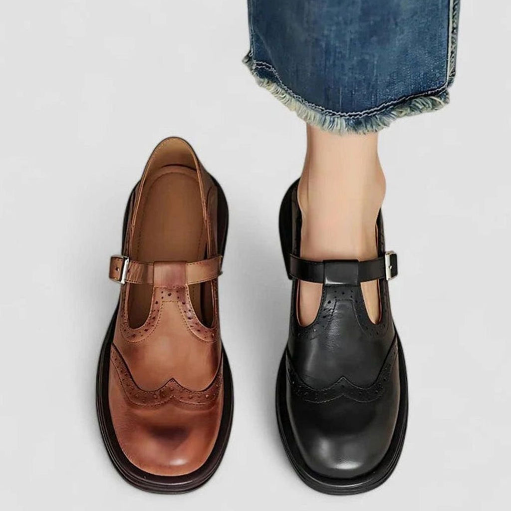 Women's Wingtip Brogue Leather T-Strap Boots