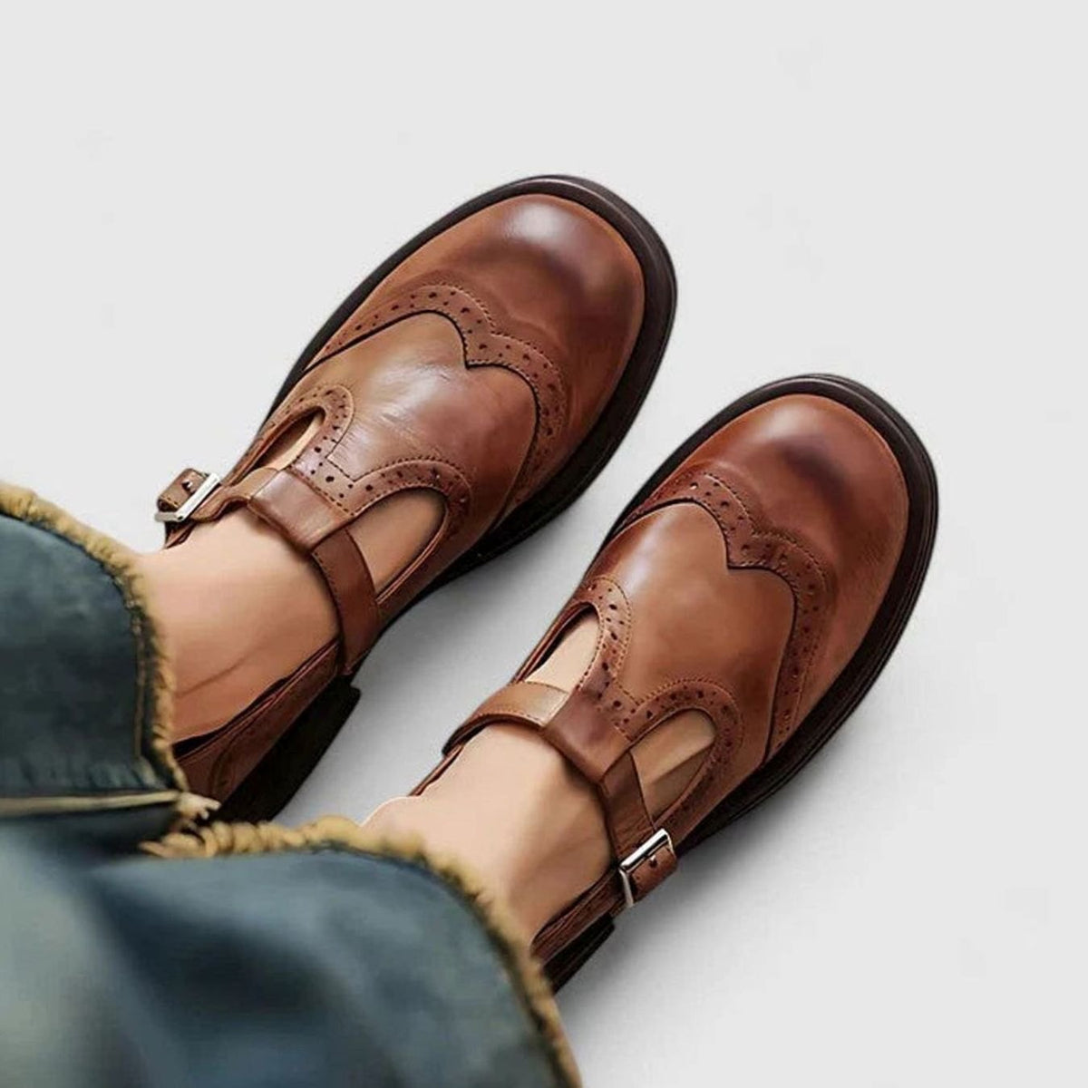 Women's Wingtip Brogue Leather T-Strap Boots