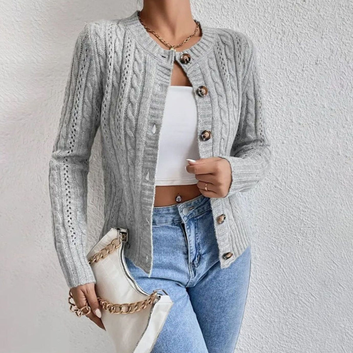 Women's Cropped Cable-Knit Button-Front Cardigan - Gray