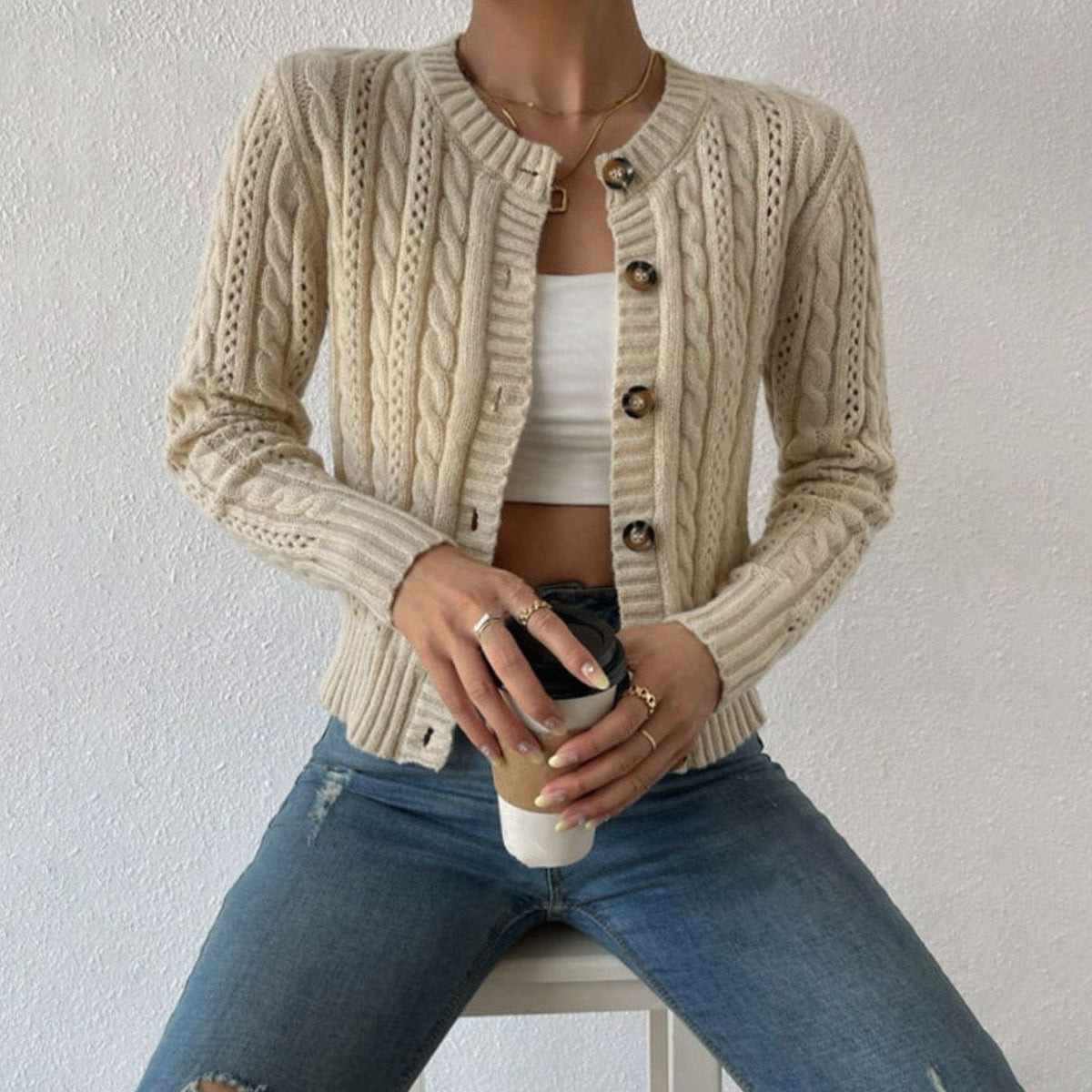 Women's Cropped Cable-Knit Button-Front Cardigan