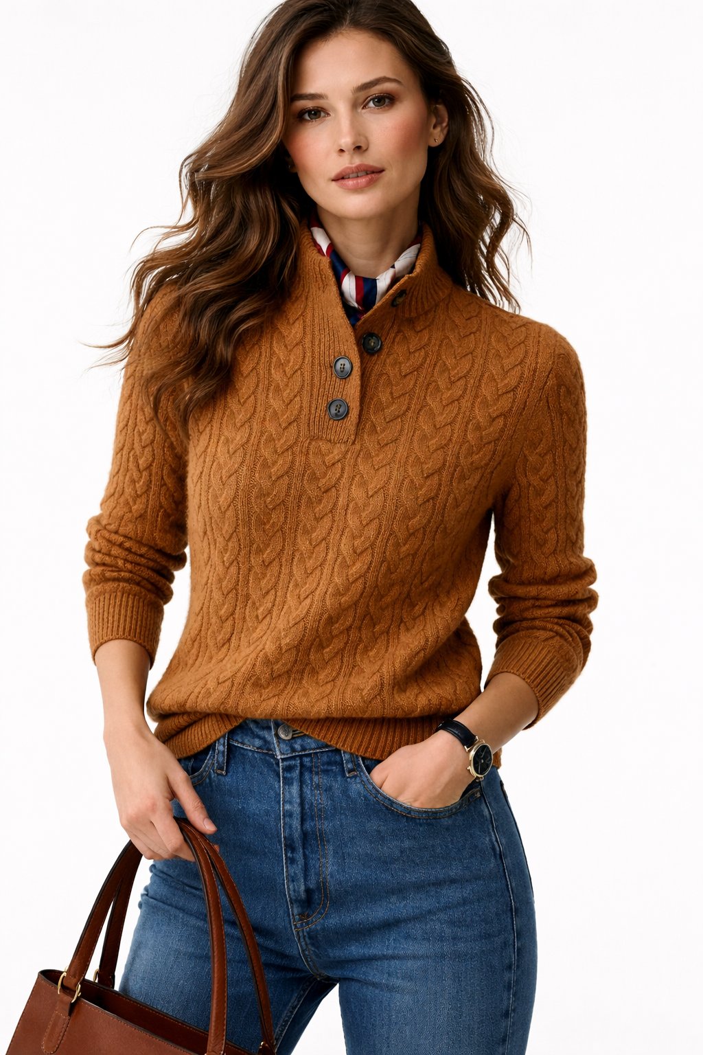 Women's Cable-Knit Button-Neck Wool Blend Sweater - Brown