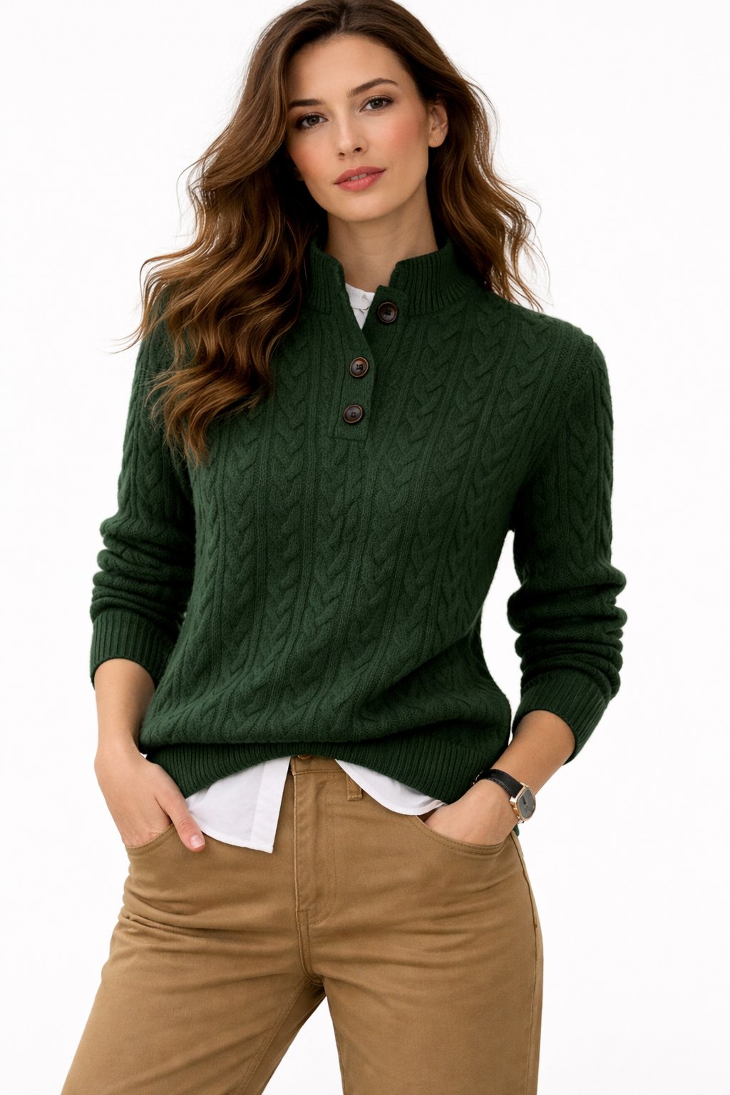 Women's Cable-Knit Button-Neck Wool Blend Sweater - Green