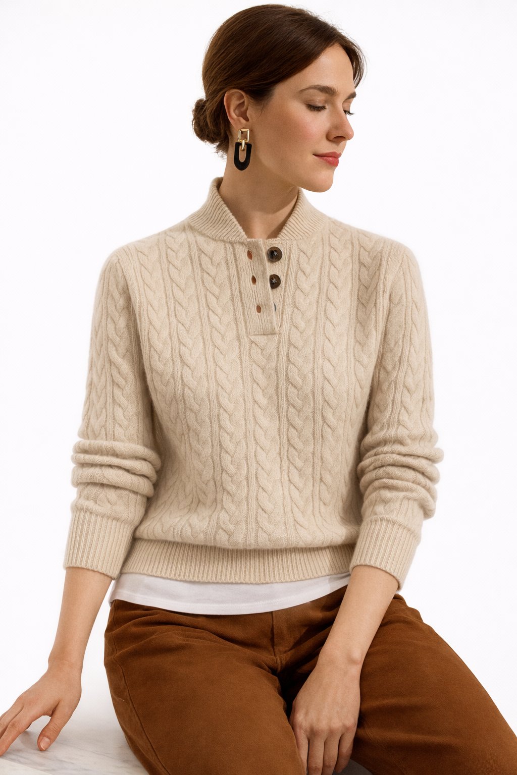 Women's Cable-Knit Button-Neck Wool Blend Sweater - Khaki