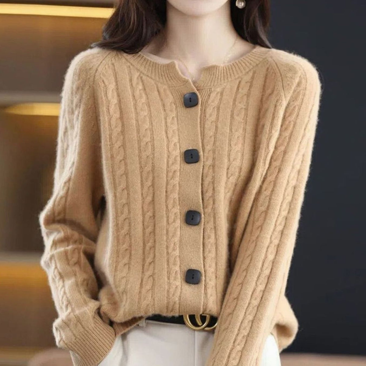 Women's Cable-Knit Button-Front Relaxed Cardigan - Gray