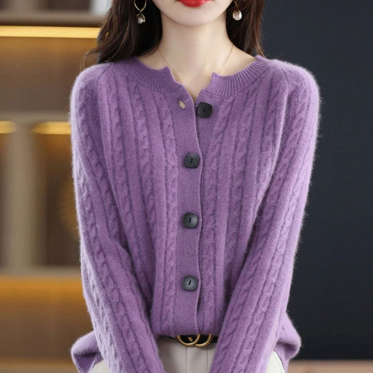 Women's Cable-Knit Button-Front Relaxed Cardigan - Camel