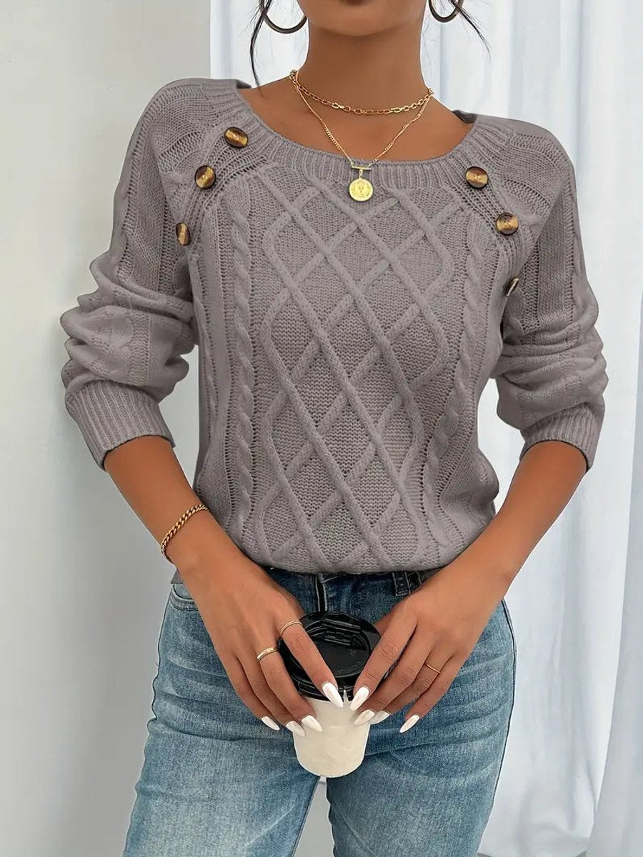 Women's Cable-Knit Raglan Sleeve Button Detail Sweater - Dusty Rose Brown