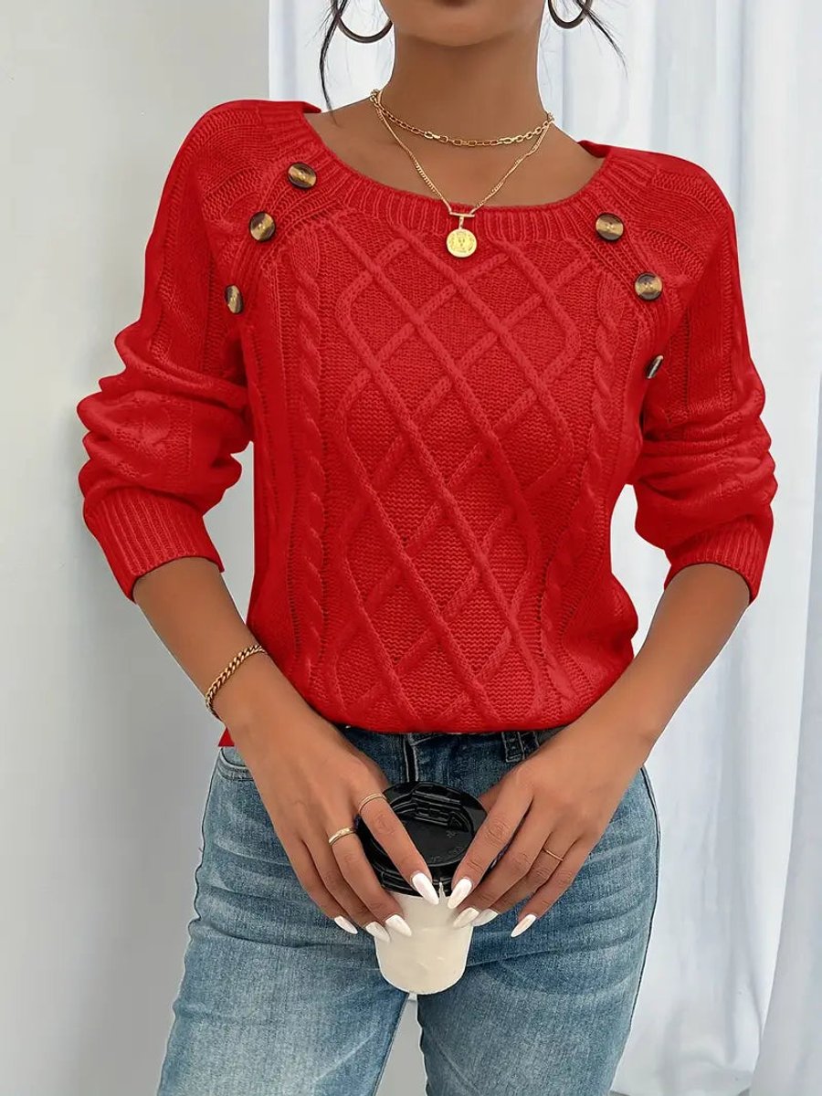 Women's Cable-Knit Raglan Sleeve Button Detail Sweater - Red