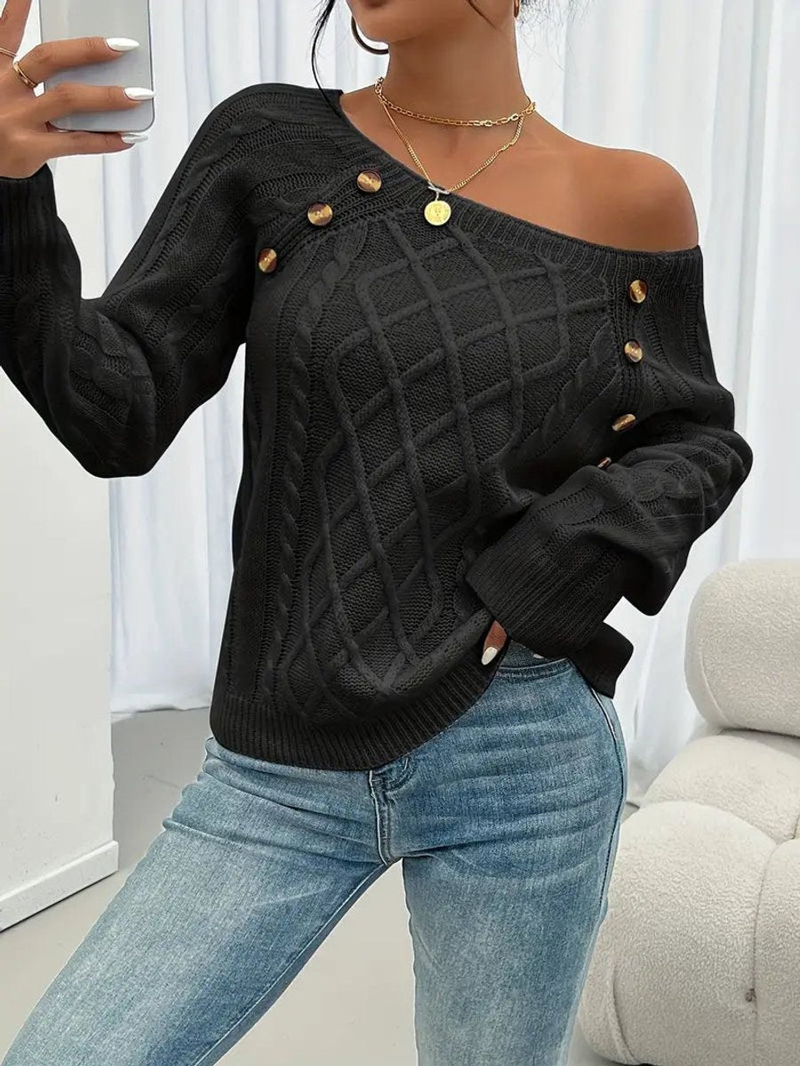 Women's Cable-Knit Raglan Sleeve Button Detail Sweater