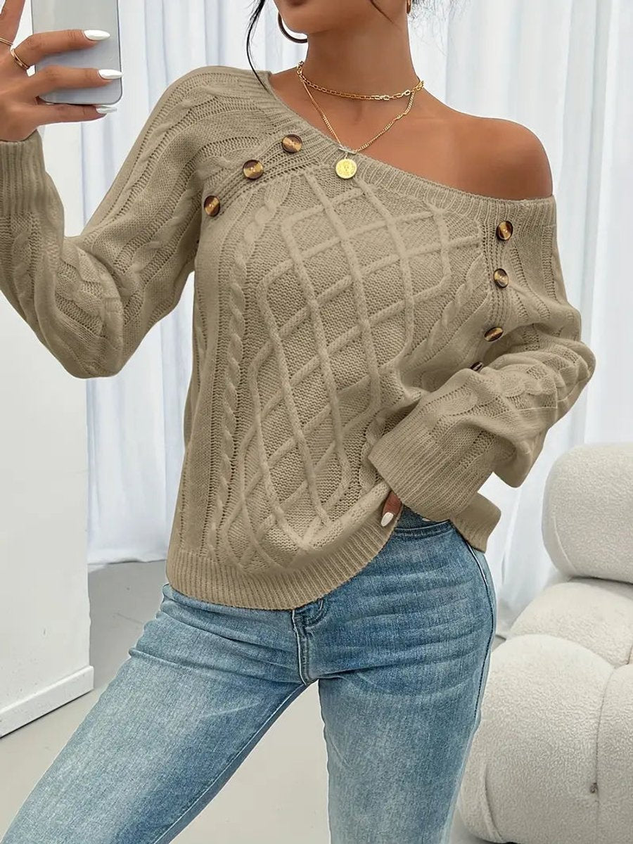 Women's Cable-Knit Raglan Sleeve Button Detail Sweater