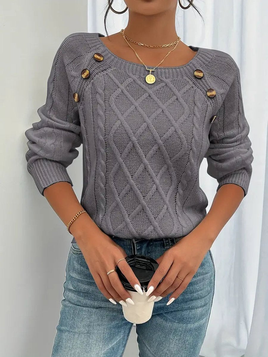Women's Cable-Knit Raglan Sleeve Button Detail Sweater - Dark Gray
