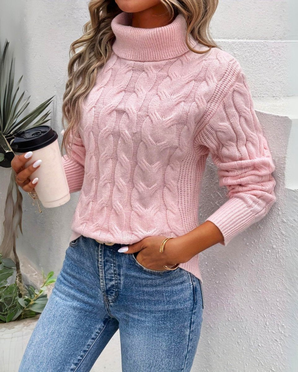 Women's Cable Knit Turtleneck Sweater Pullover - Pink