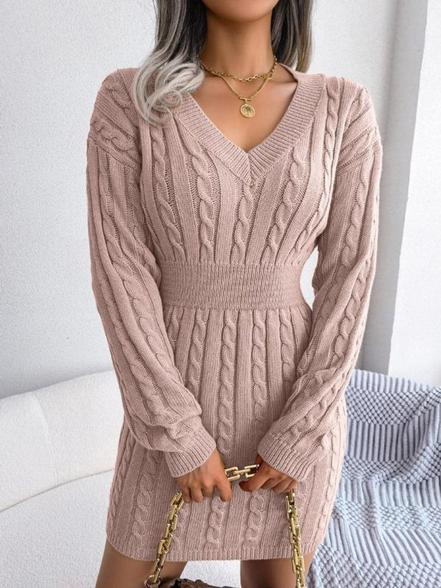 Women's Cable-Knit V-Neck Sweater Dress