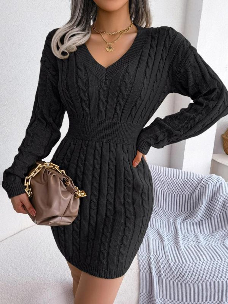 Women's Cable-Knit V-Neck Sweater Dress