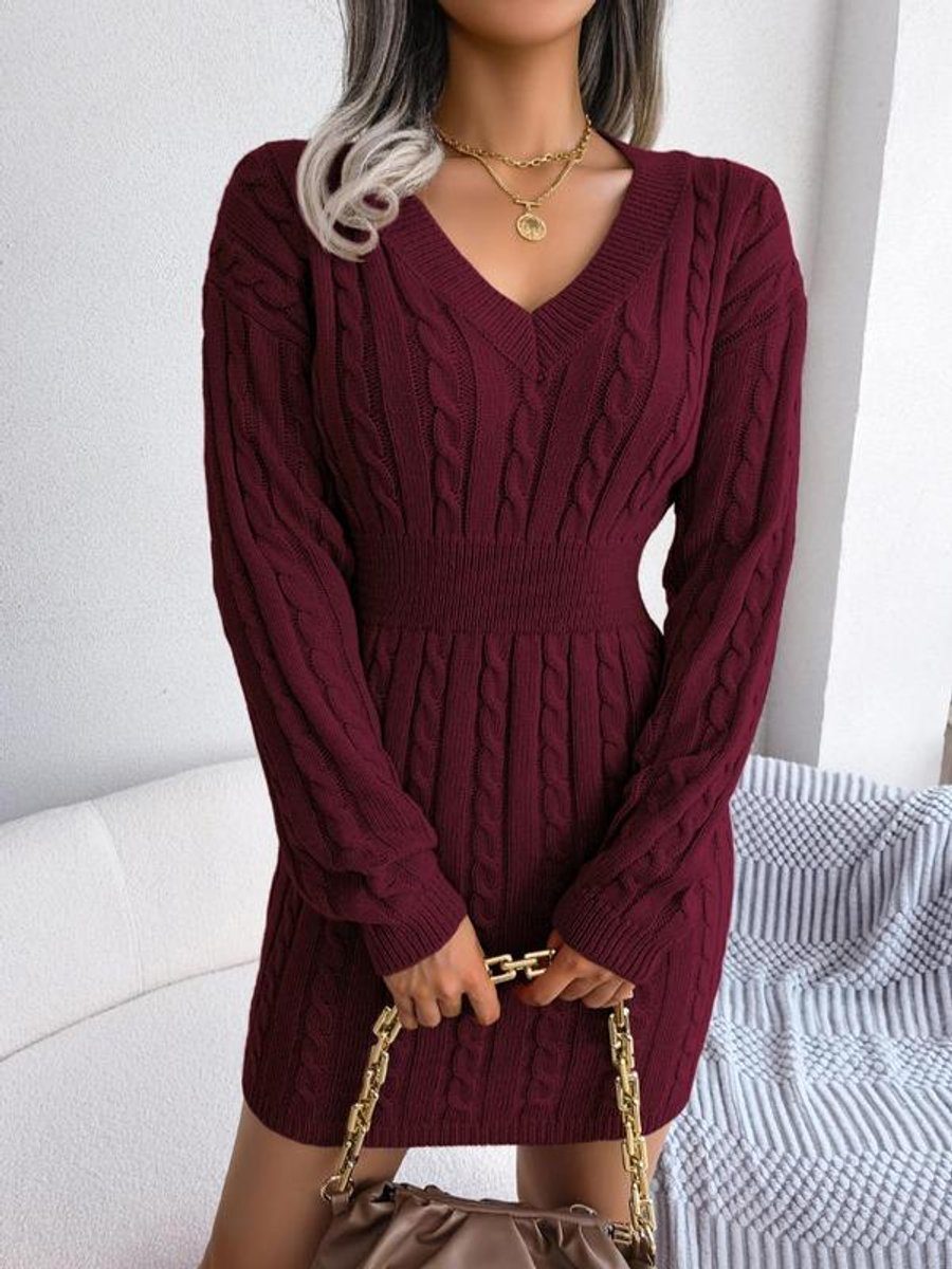 Women's Cable-Knit V-Neck Sweater Dress