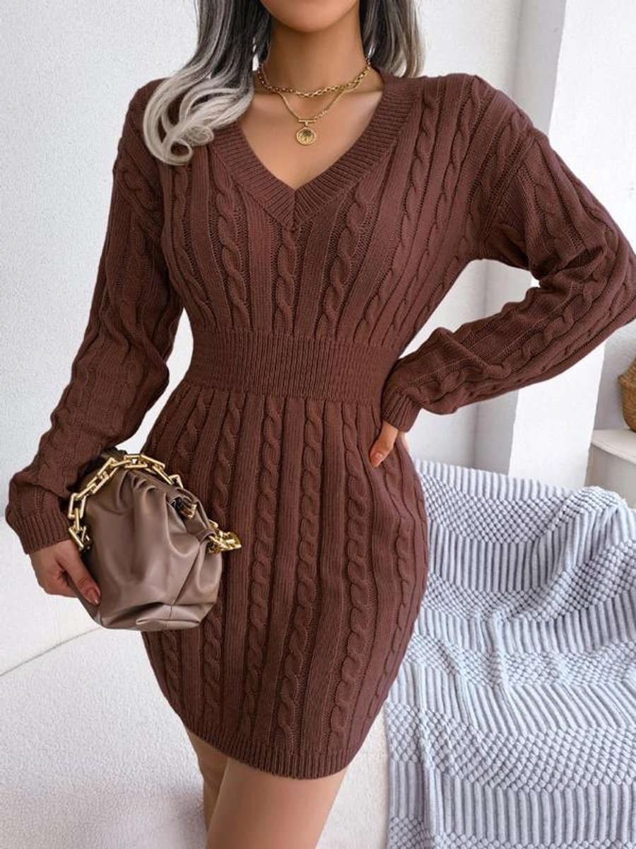 Women's Cable-Knit V-Neck Sweater Dress