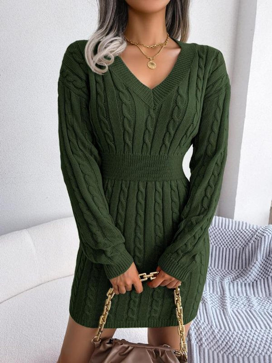 Women's Cable-Knit V-Neck Sweater Dress