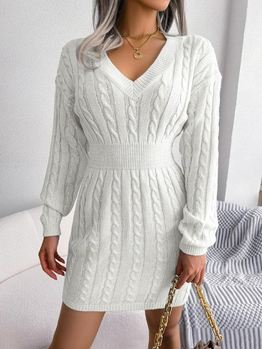Women's Cable-Knit V-Neck Sweater Dress