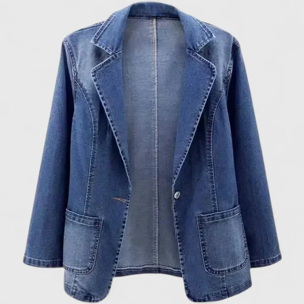 Women's Casual Denim Blazer with Single Button - Denim Blue