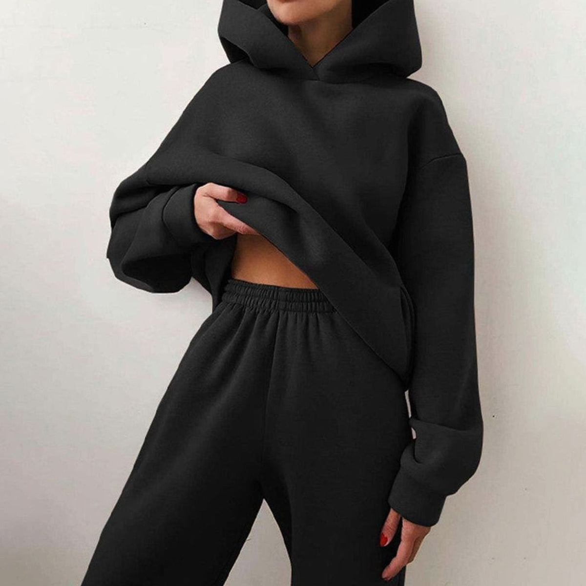 Women's Casual Loose-Fit Hoodie Jogger Set - Black