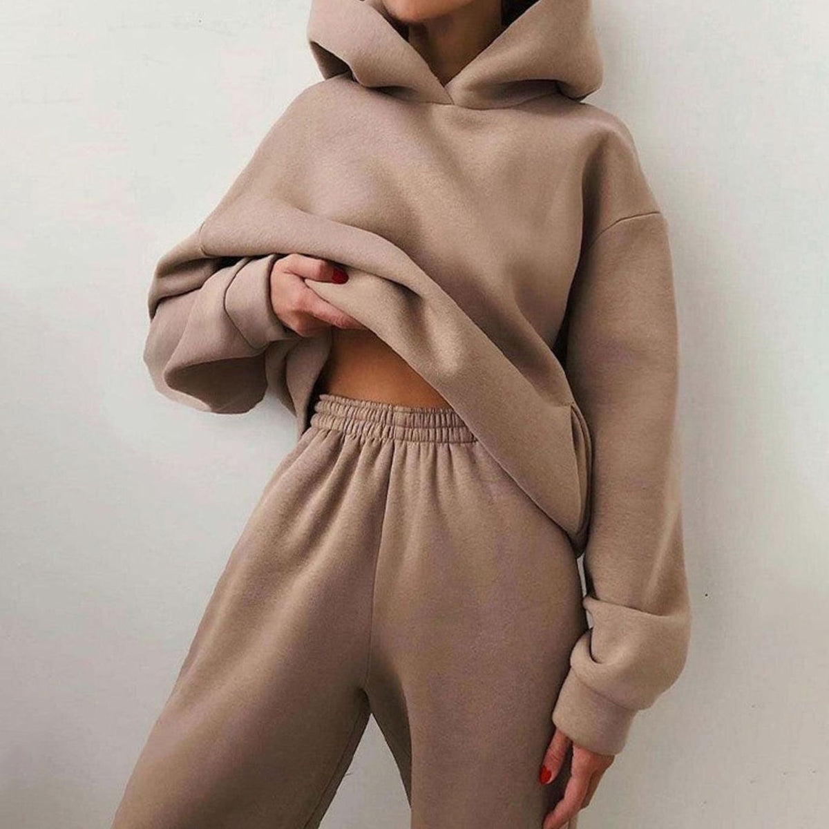 Women's Casual Loose-Fit Hoodie Jogger Set - Khaki