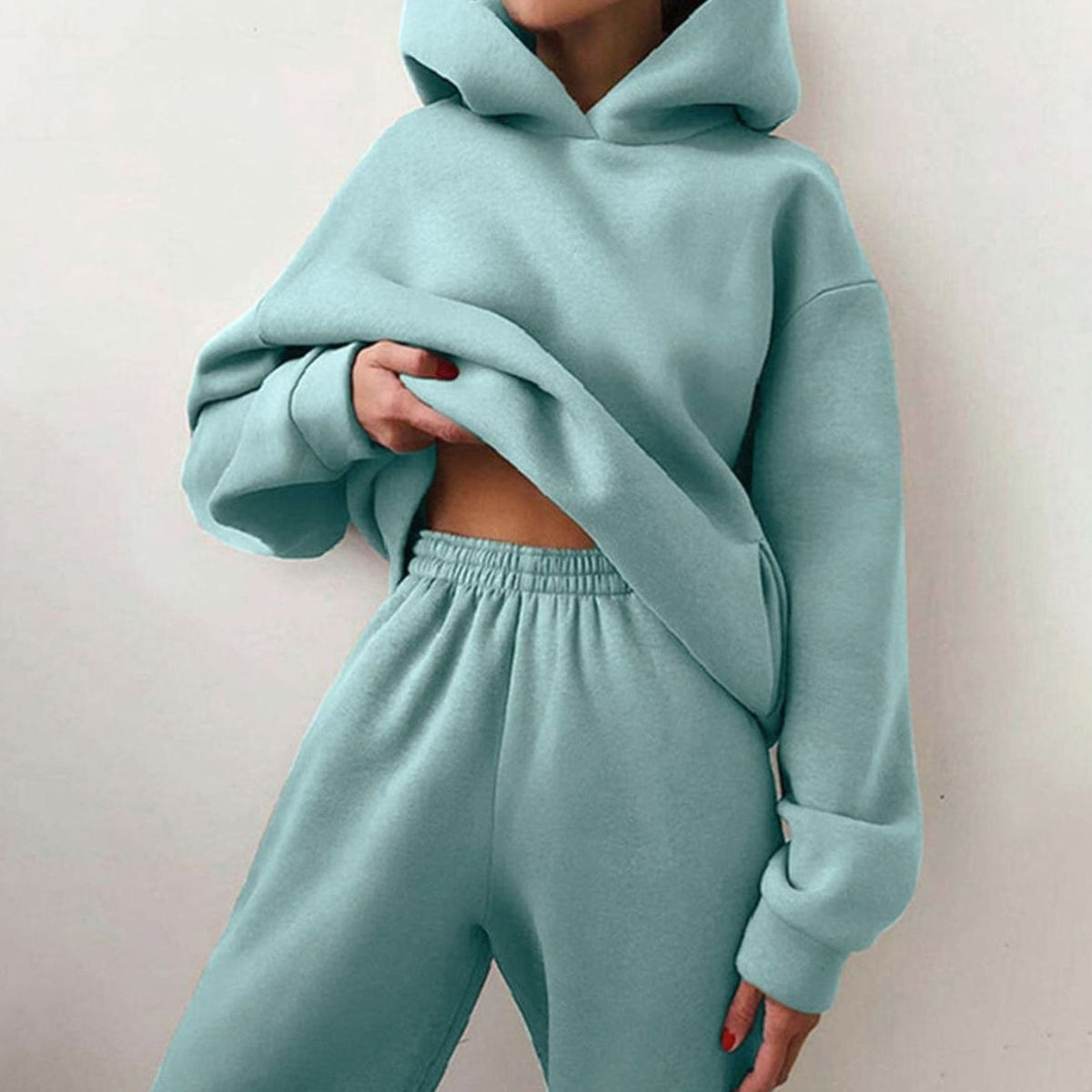 Women's Casual Loose-Fit Hoodie Jogger Set - Mint Blue