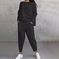 Women's Casual Loose-Fit Top and Tapered Pants Set - Black