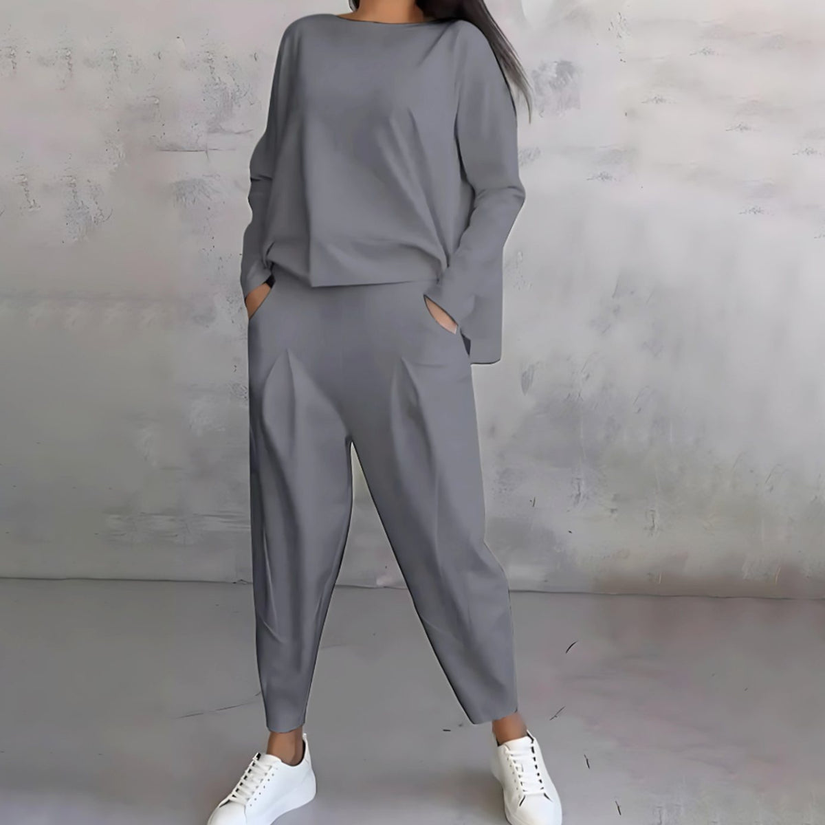 Women's Casual Loose-Fit Top and Tapered Pants Set - Gray