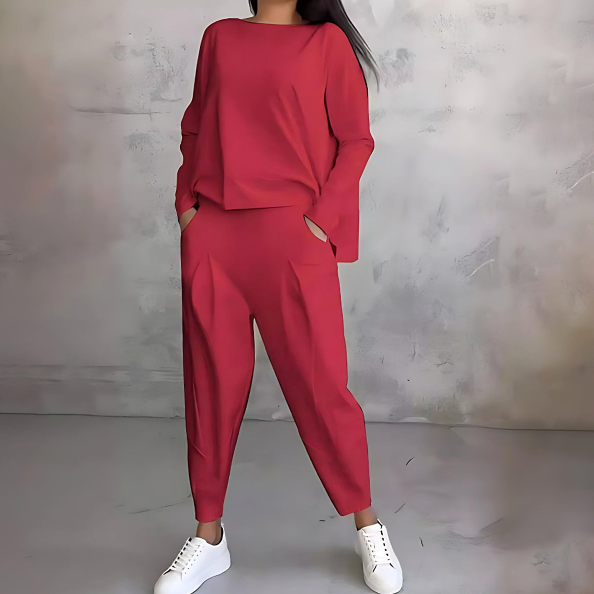 Women's Casual Loose-Fit Top and Tapered Pants Set - Red