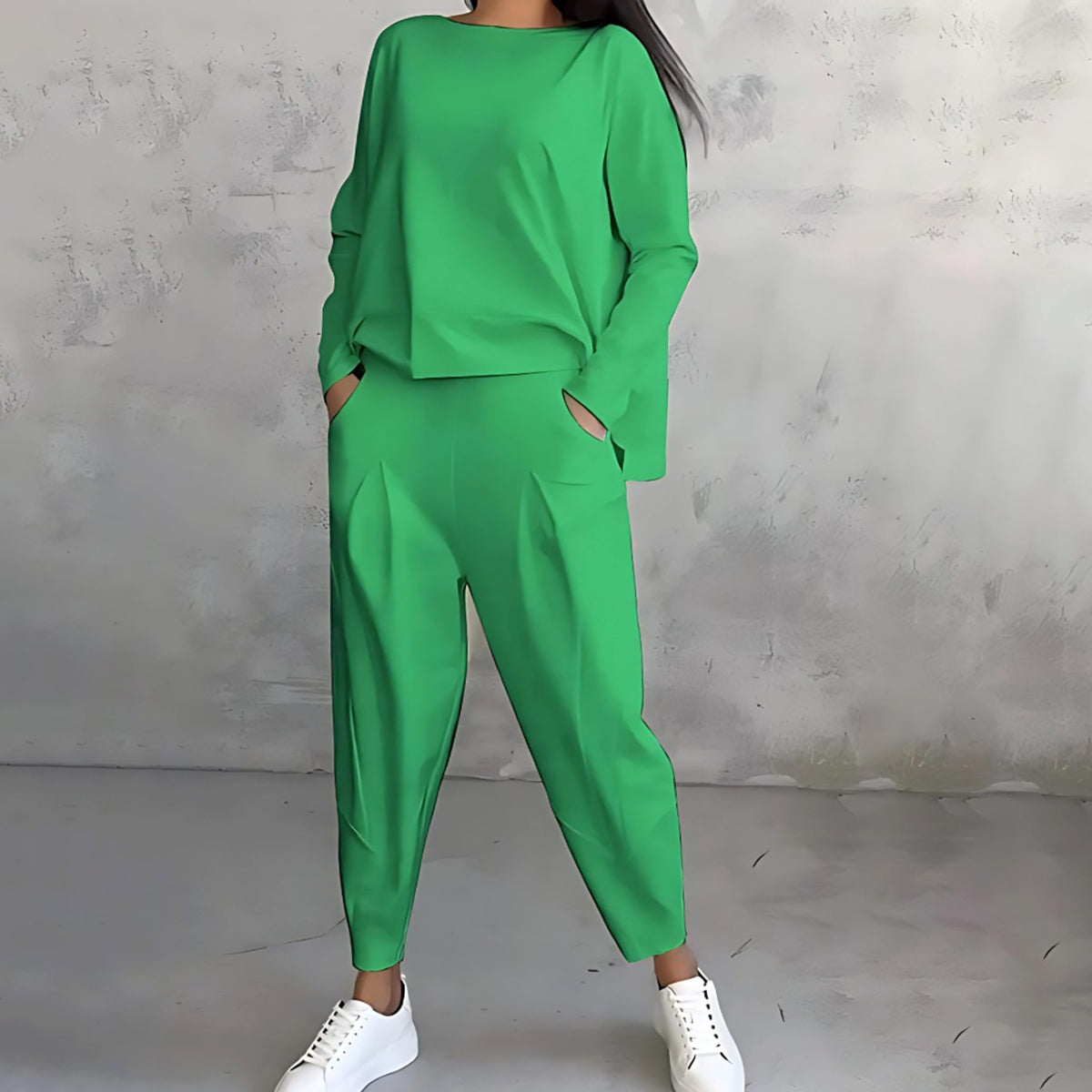 Women's Casual Loose-Fit Top and Tapered Pants Set - Green