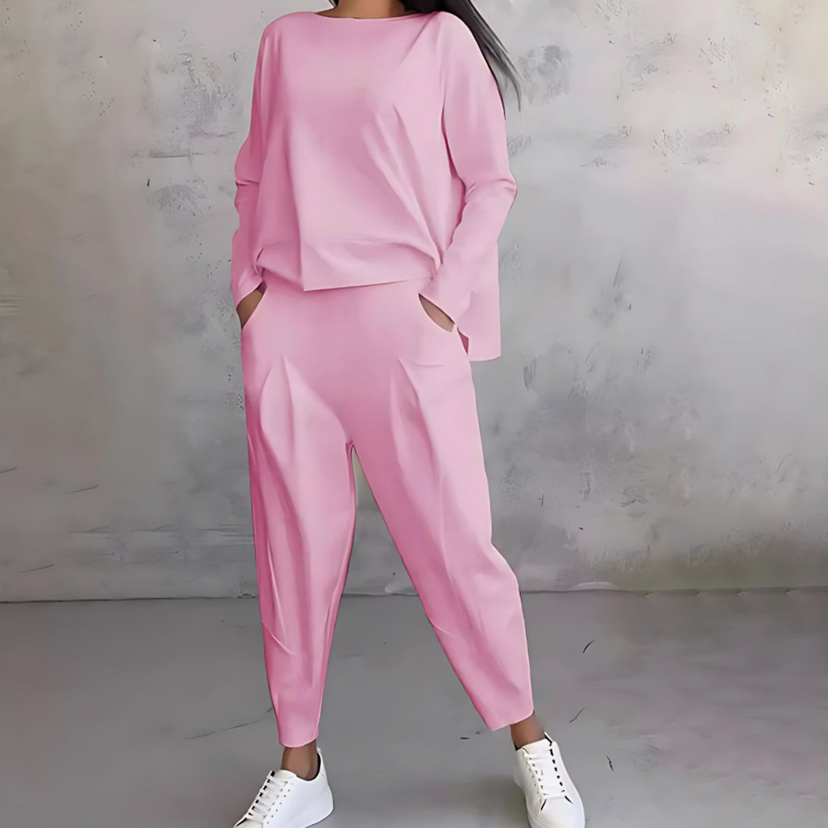 Women's Casual Loose-Fit Top and Tapered Pants Set - Pink