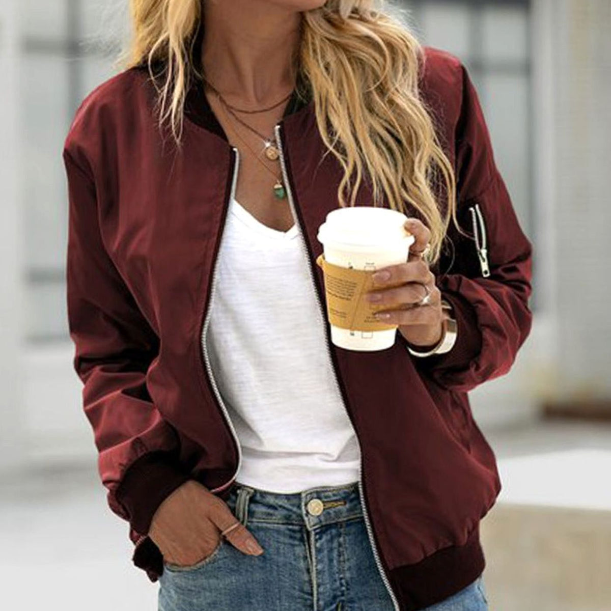 Women's Casual Zip-Up Bomber Jacket - Burgundy