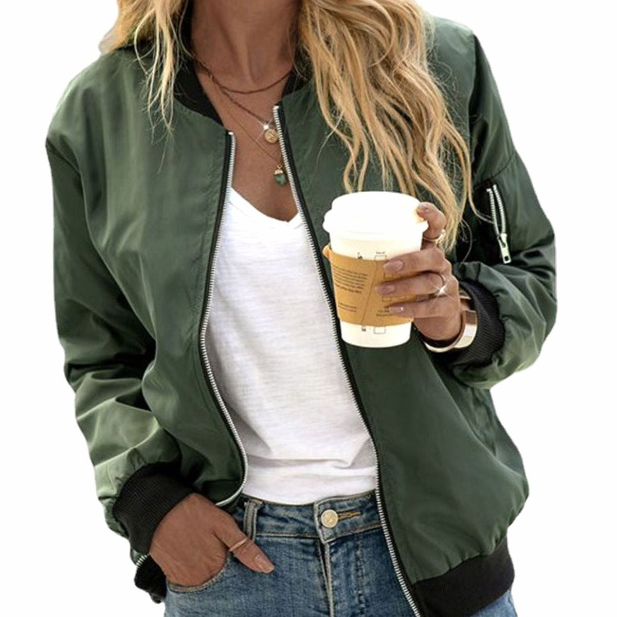 Women's Casual Zip-Up Bomber Jacket - Army Green