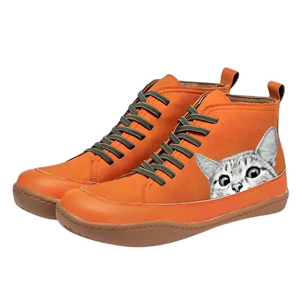 Women's Cat Print Lace-Up High-Top Leather Ankle Boots