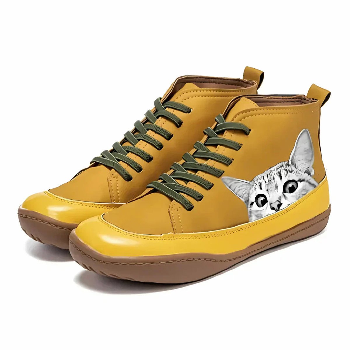 Women's Cat Print Leather Ankle Boots