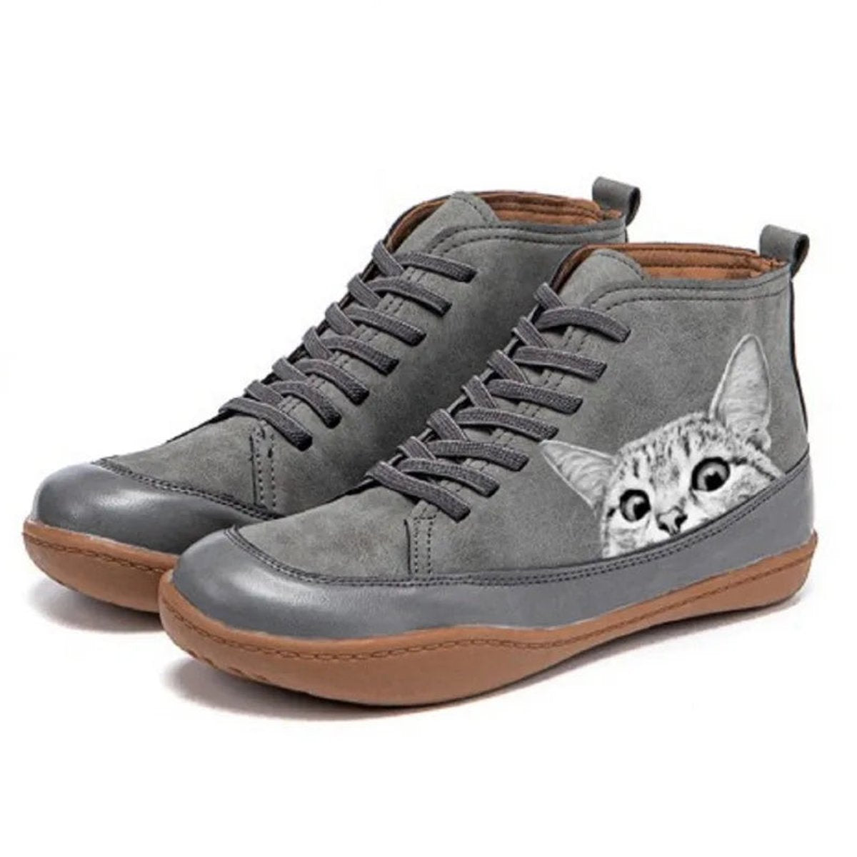 Women's Cat Print Leather Ankle Boots