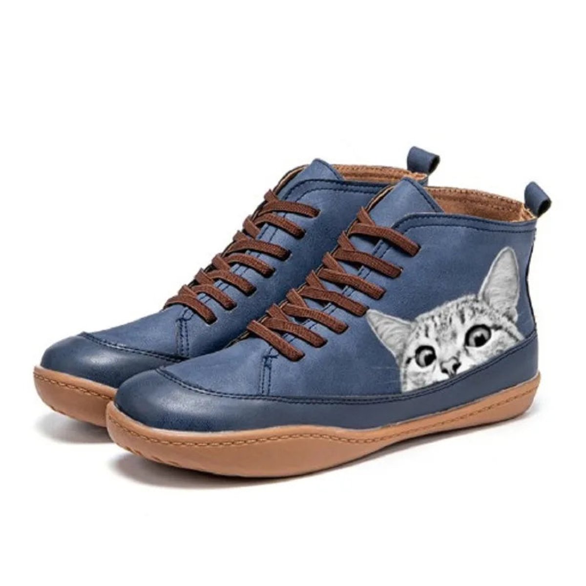 Women's Cat Print Leather Ankle Boots