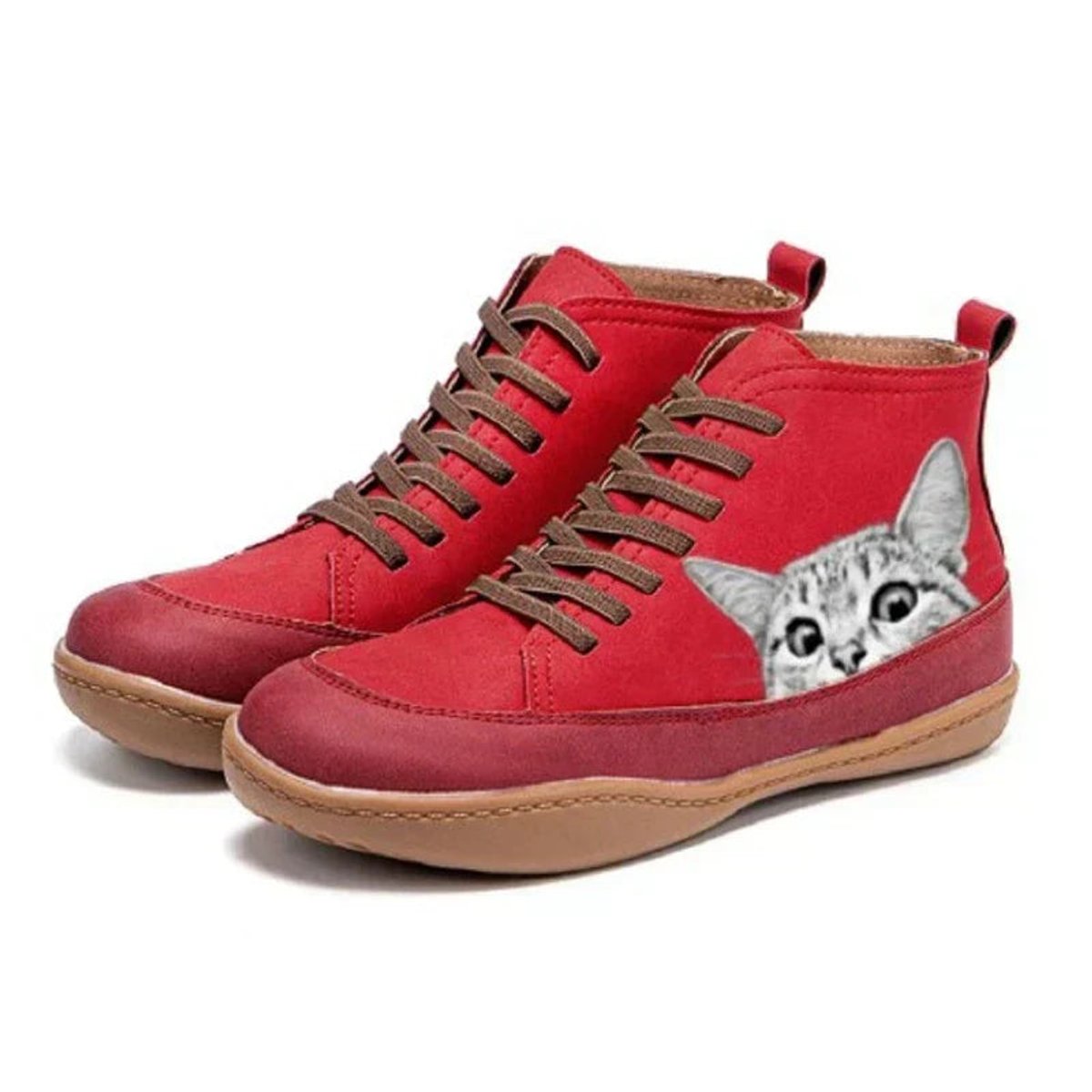 Women's Cat Print Leather Ankle Boots