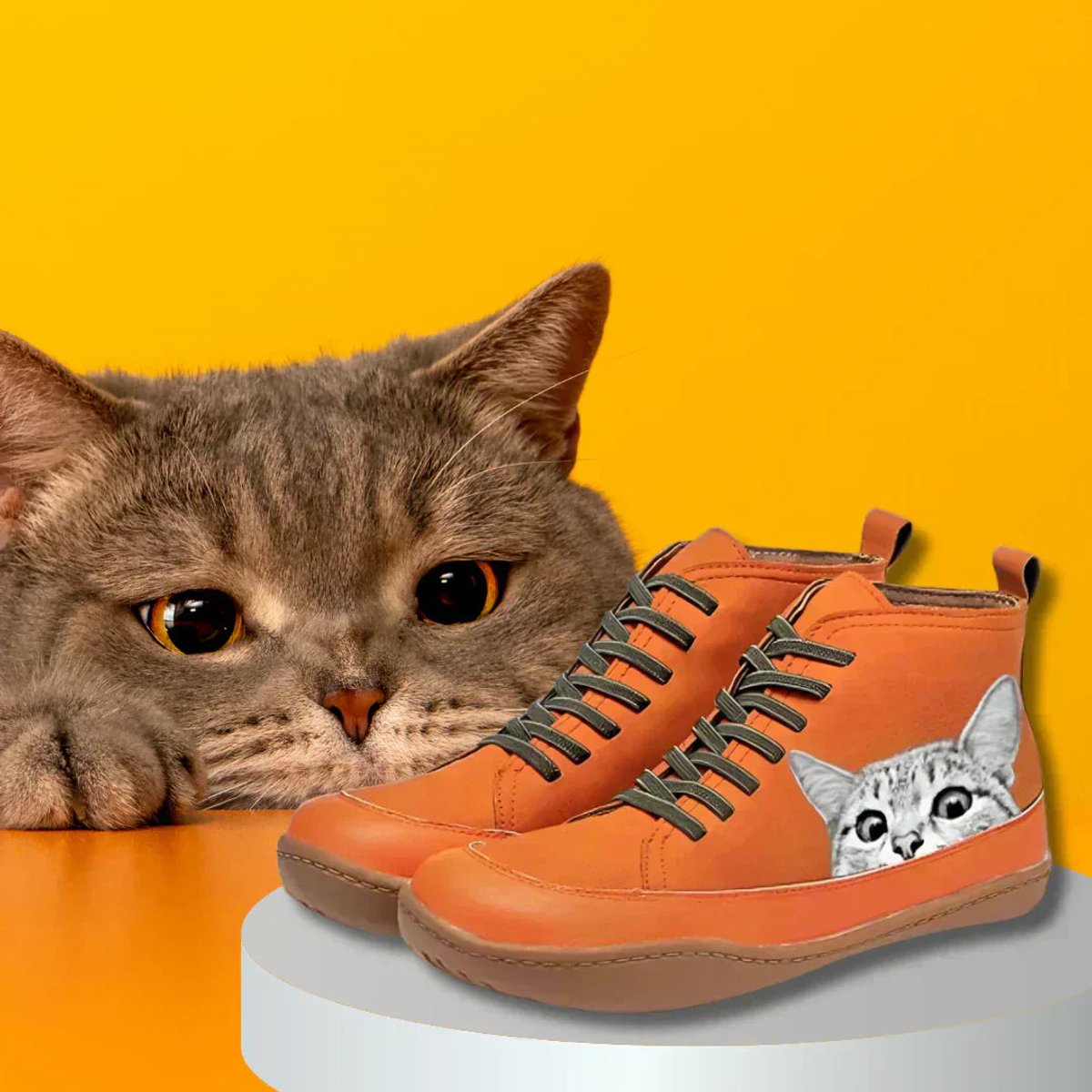 Women's Cat Print Lace-Up High-Top Leather Ankle Boots