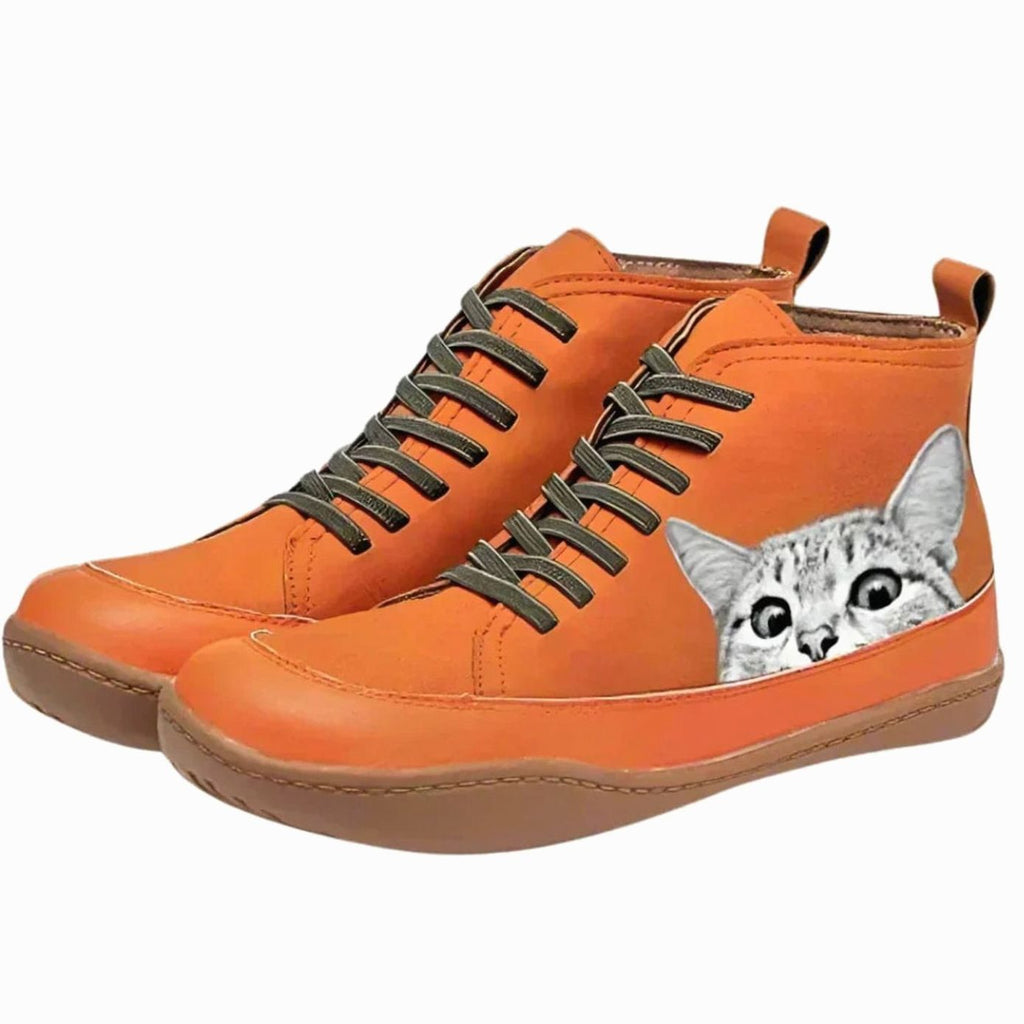 Women's Cat Print Lace-Up Flat Ankle Boots - Orange