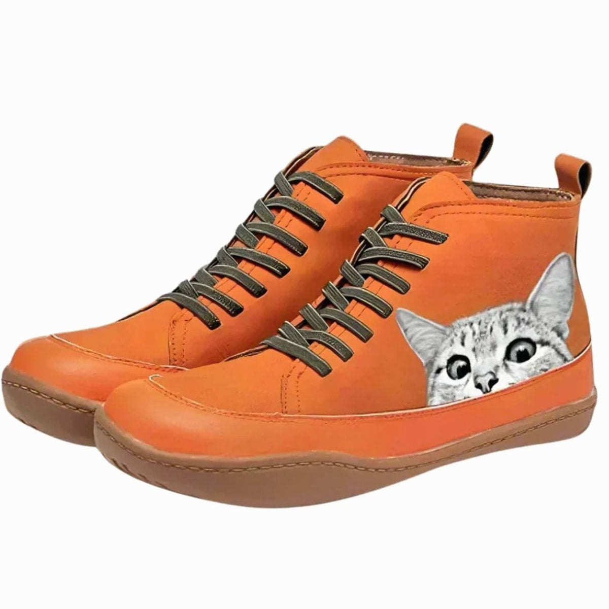Women's Cat Print Lace-Up Flat Ankle Boots - Orange