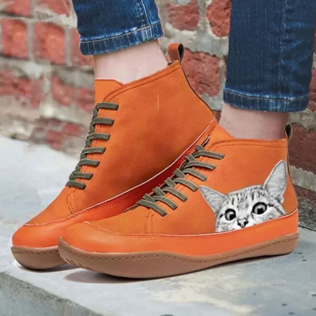 Women's Cat Print Lace-Up Flat Ankle Boots