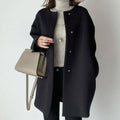 Women's Collarless Longline Snap-Button Winter Coat - Black