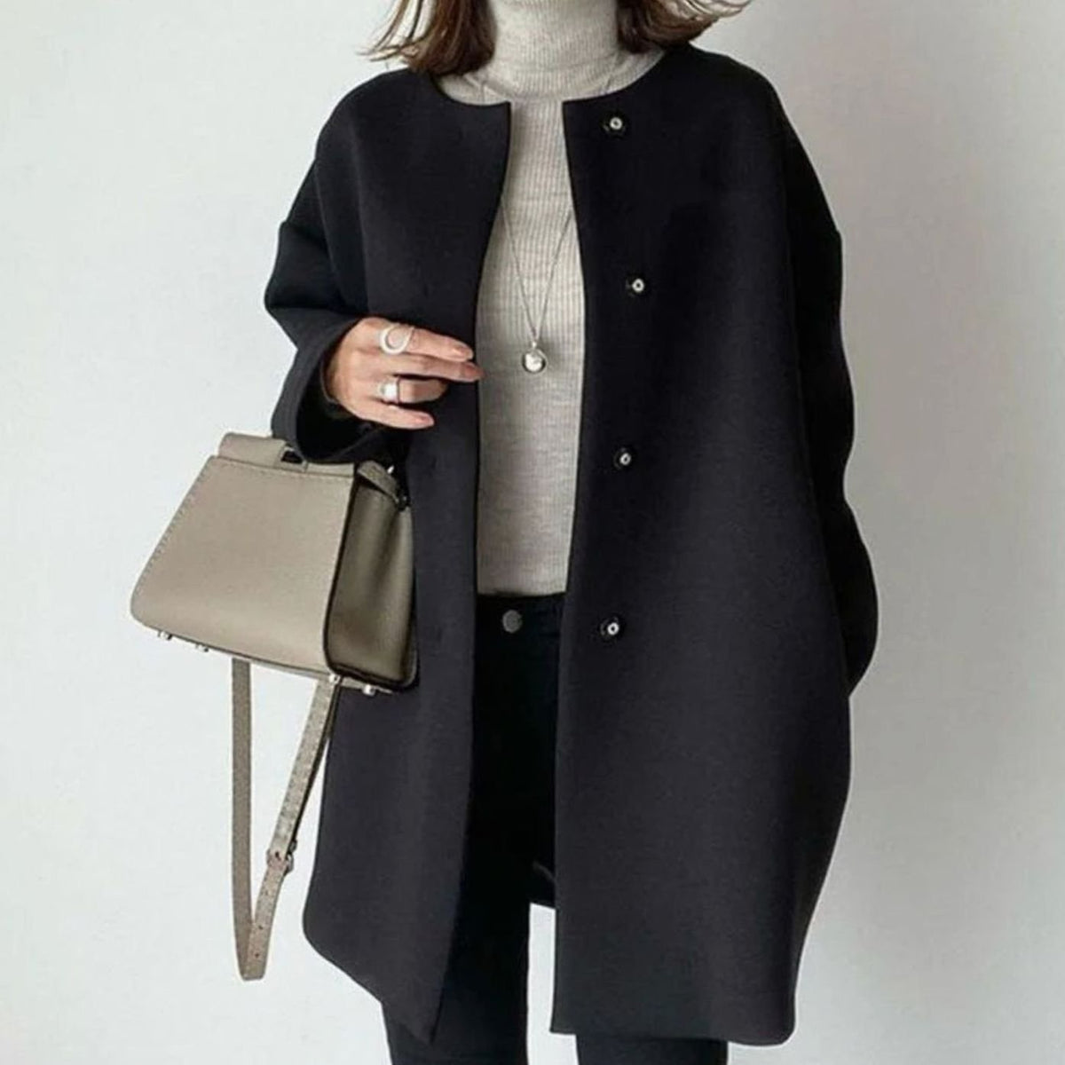 Women's Collarless Longline Snap-Button Winter Coat - Black