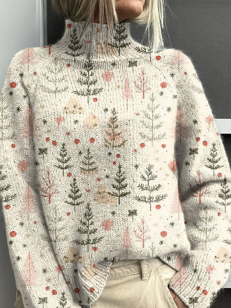 Women's Christmas Tree Print Relaxed-Fit Turtleneck Sweater