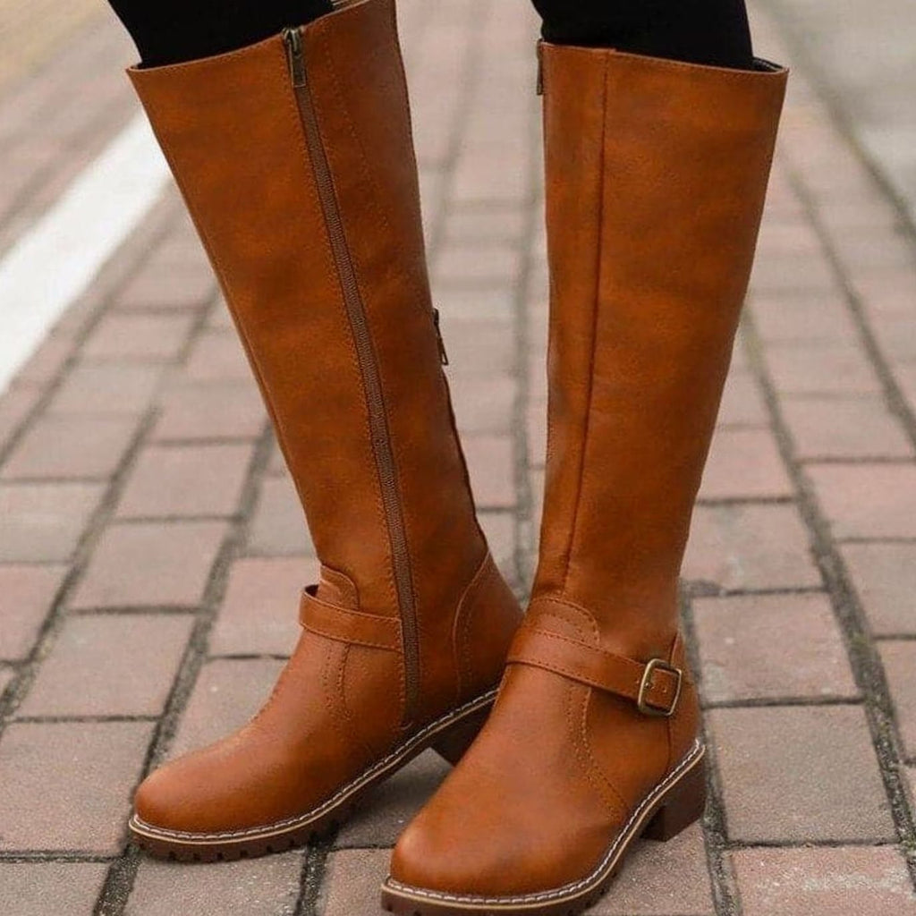 Women's Classic Buckle Side-Zip Knee-High Boots - Dark Brown