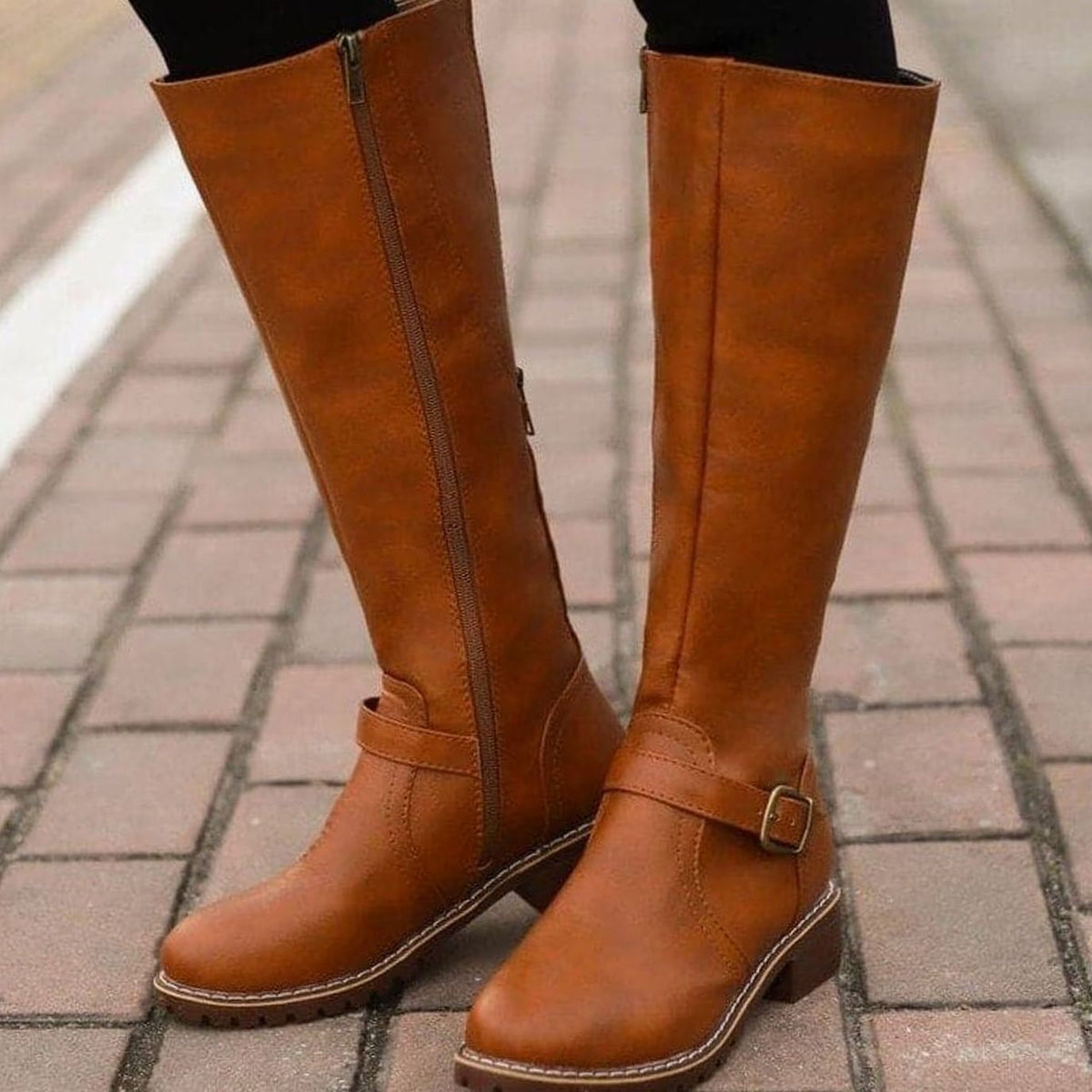 Women's Classic Buckle Side-Zip Knee-High Boots - Dark Brown