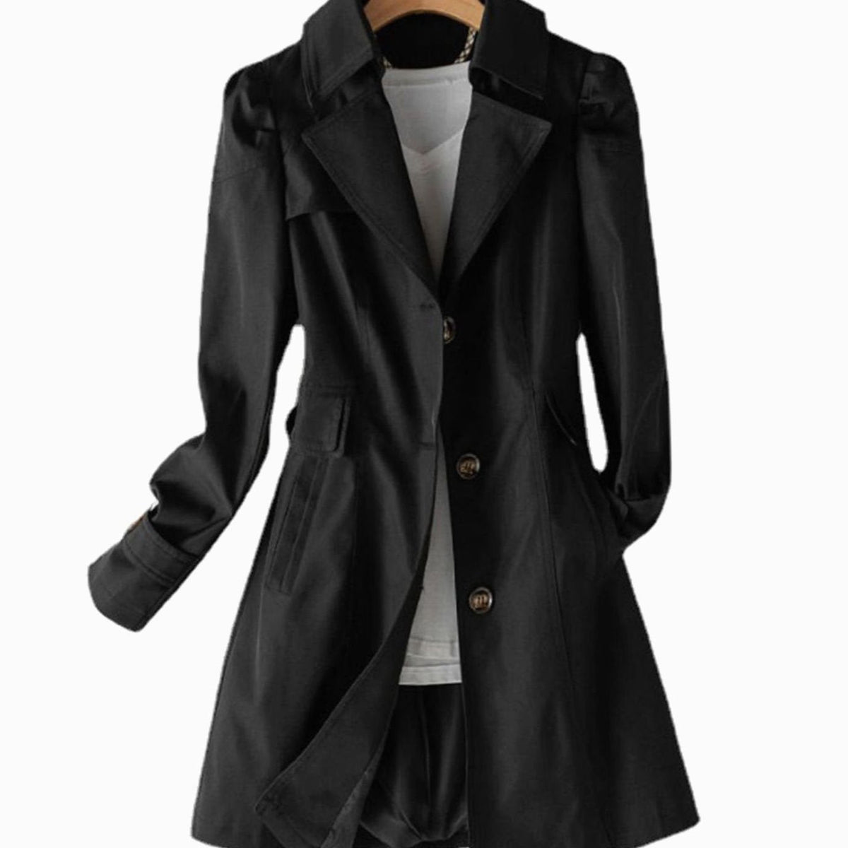 Women's Tailored Trench Coat with Antique-Gold Buttons - Black